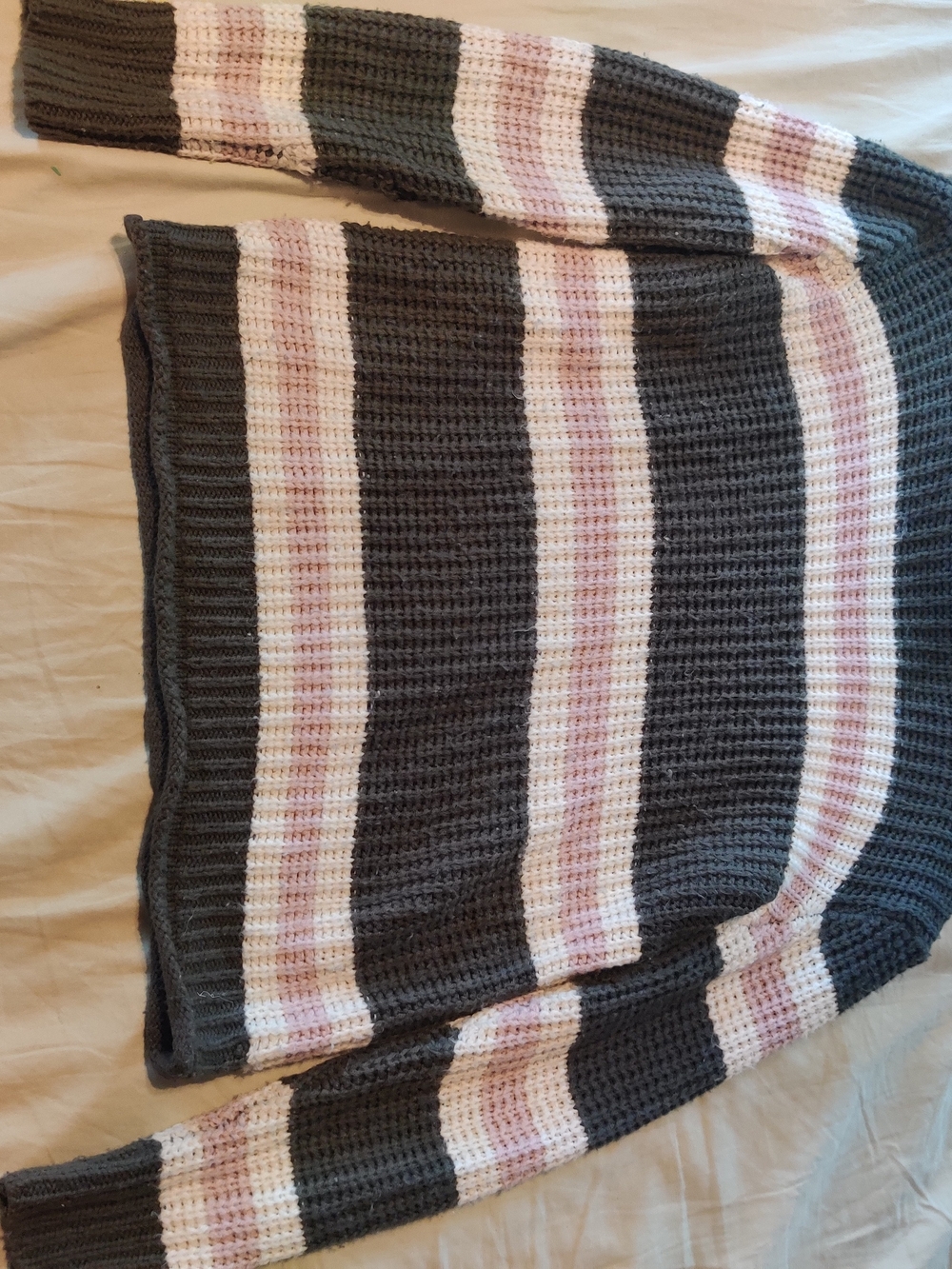 Pink Rose Women's Striped Knit Sweater in Charcoal, White & Light Pink